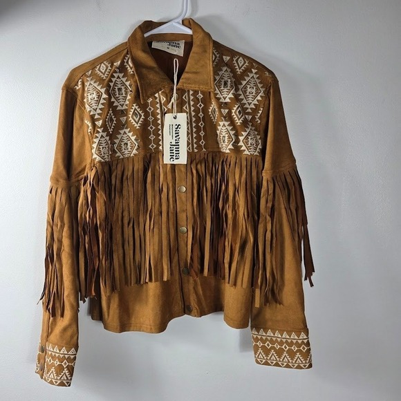 Savanna Jane Jackets & Blazers - Savanna Jane Womens Suede Fringe Embroidered Geometric Boho Jacket Medium